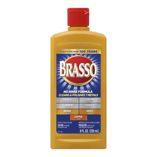 A yellow Brasso bottle of liquid metal polish with a red circle and white text.