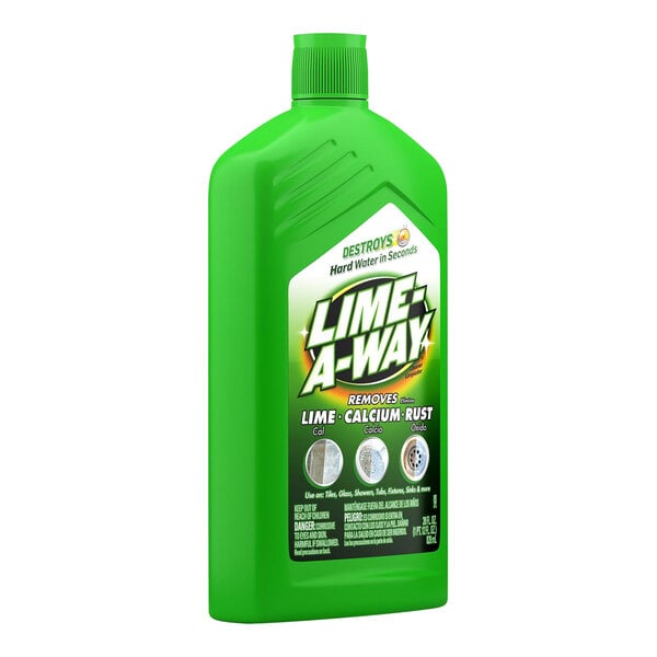 A green container of Lime-A-Way Delimer and Descaler with a label.