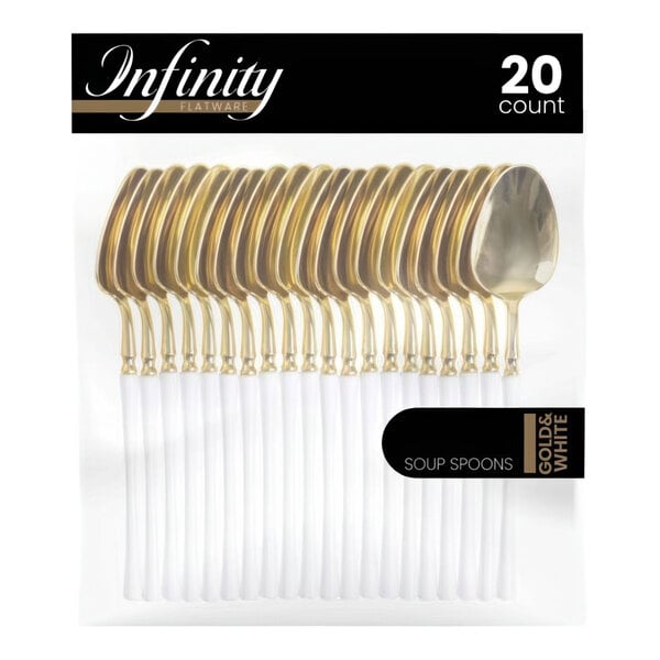 A package of Posh Setting Infinity gold and white plastic spoons.