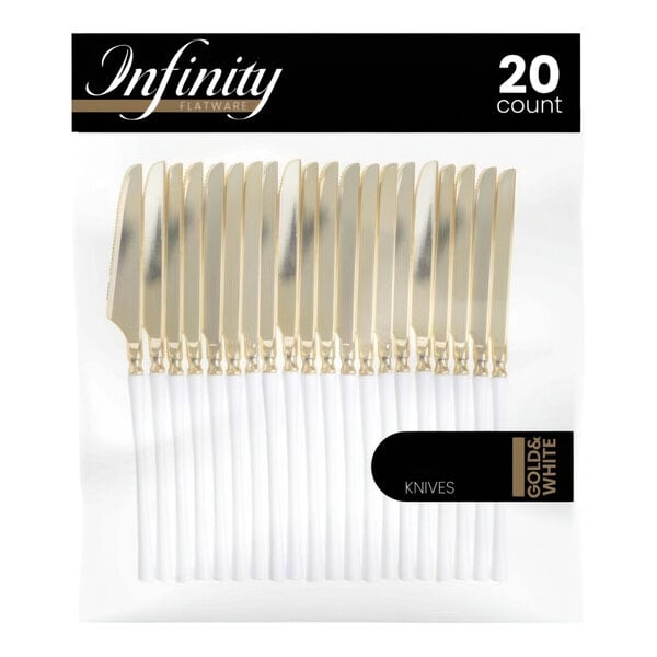 A package of Posh Setting Infinity gold and white plastic knives.