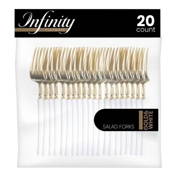 A package of 20 Posh Setting Infinity white plastic forks with gold accents.