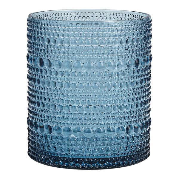 A blue Fortessa Orbetto plastic double old fashioned glass with bubbles and dots.