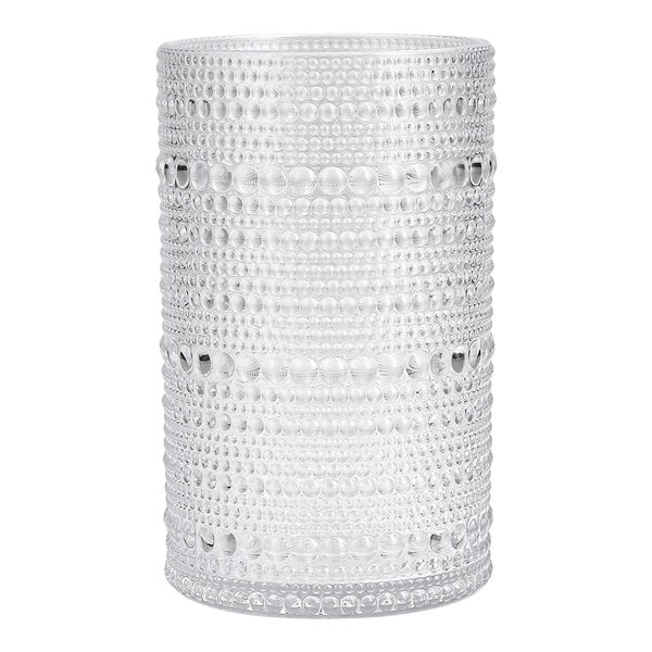 A Fortessa clear plastic highball glass with a pattern on it.