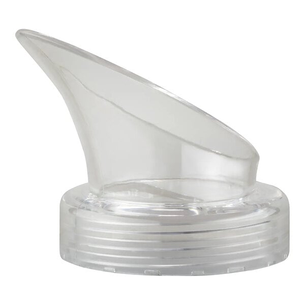A close up of a clear plastic Bon Chef Smart Bowl Slow Pour Lid with a pointed tip.