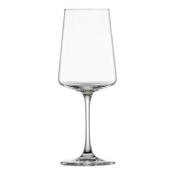A close-up of a clear Fortessa Miovino Tritan Crystal white wine glass with a stem.