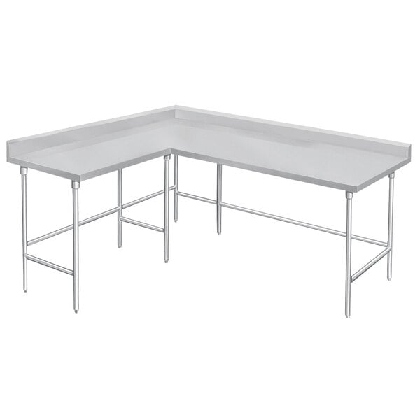 An Advance Tabco stainless steel L-shaped work table with two legs.