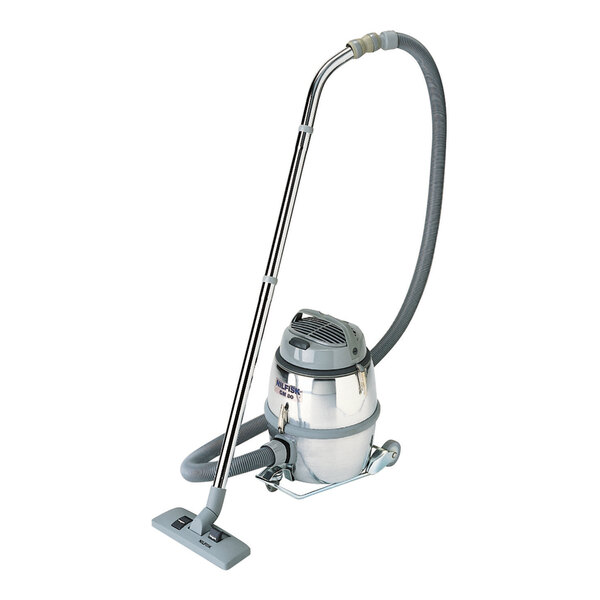 A Nilfisk industrial vacuum with a silver handle.