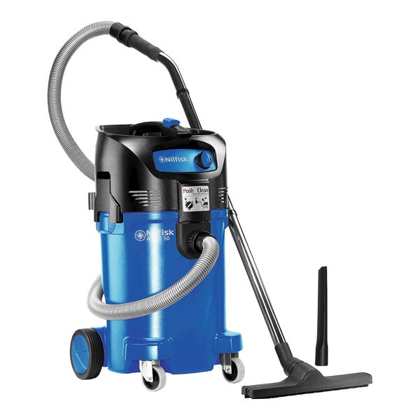 A blue and black Nilfisk wet / dry vacuum cleaner.