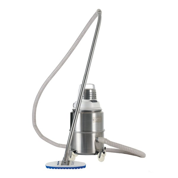 A Nilfisk stainless steel cleanroom canister vacuum with a hose.