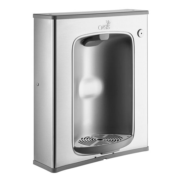 A stainless steel rectangular bottle filling station with a lid.