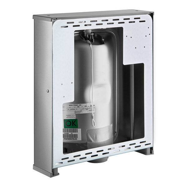 A stainless steel Oasis bottle filling station with a white lid.