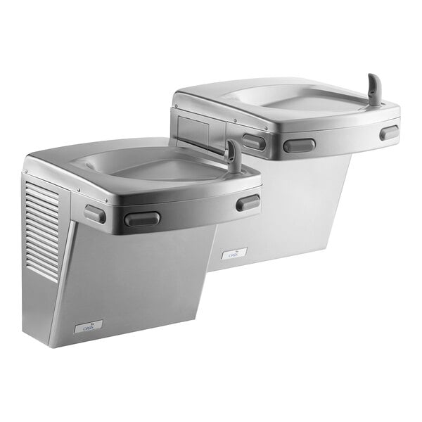 A stainless steel Oasis bi-level drinking fountain with two water coolers.