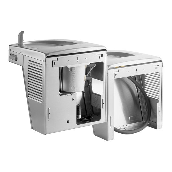 A silver and white Oasis stainless steel bi-level drinking fountain.