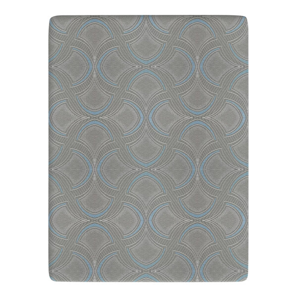A white and blue patterned Rize Home mattress with a grey and blue border.