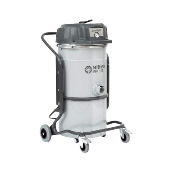 A Nilfisk steel industrial vacuum cleaner on wheels.