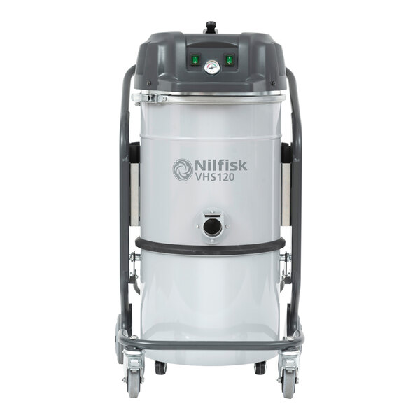 A grey and black Nilfisk VHS120N1 industrial wet/dry vacuum on wheels.