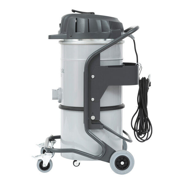 A grey and black Nilfisk wet/dry vacuum cleaner with a cord.