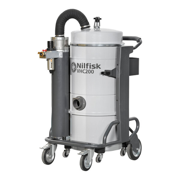 A Nilfisk industrial vacuum cleaner on wheels.