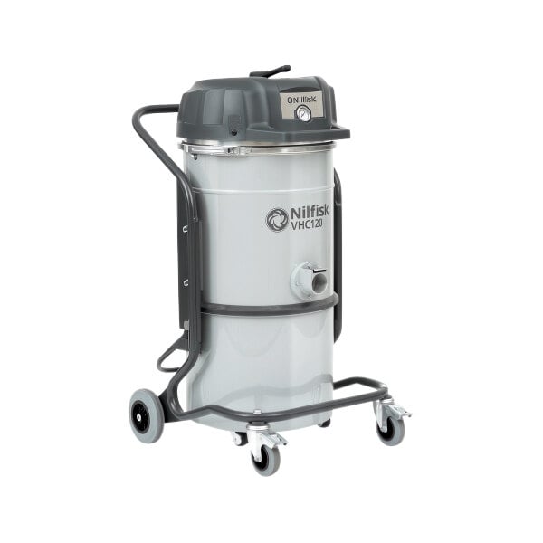 A grey and black Nilfisk industrial vacuum cleaner on wheels.