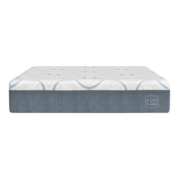 A close-up of a Rize Home Cool Plus king size memory foam mattress with a white and blue cover.