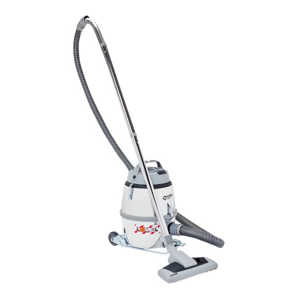 A Nilfisk industrial vacuum cleaner on wheels with a long handle and hose attached.