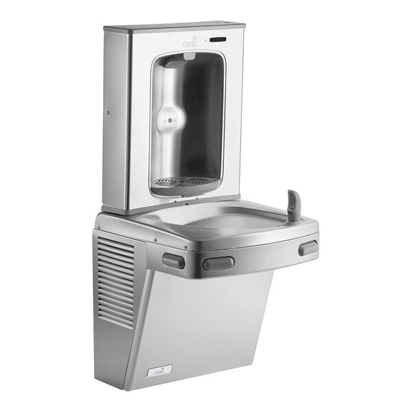 A stainless steel Oasis water fountain with a water cooler.