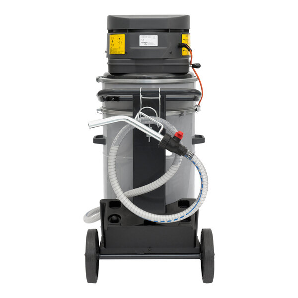 A grey Nilfisk wet/dry vacuum with hoses.