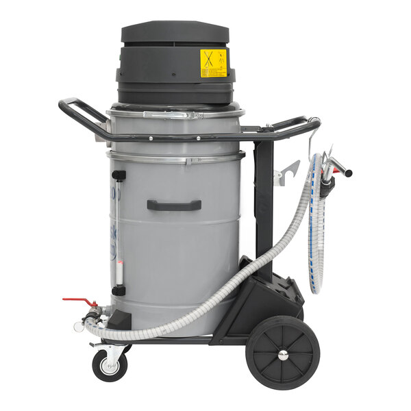 A grey and black Nilfisk wet/dry vacuum with a hose attached.