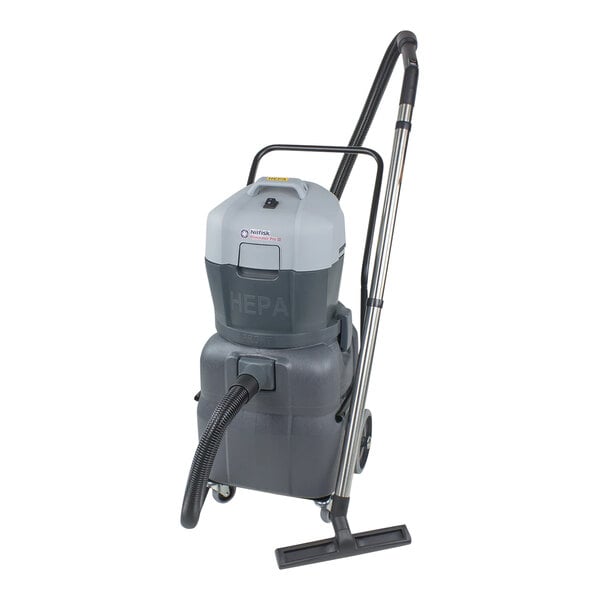 A close-up of a Nilfisk wet/dry vacuum cleaner with a grey handle.