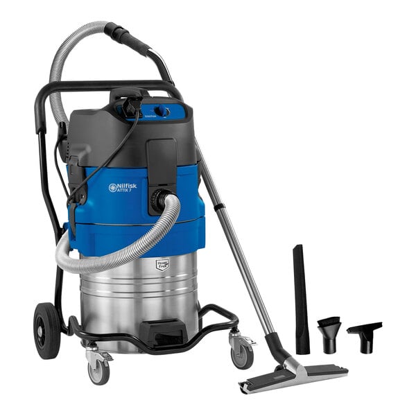 A blue and silver Nilfisk wet/dry vacuum cleaner with hose and wheels.