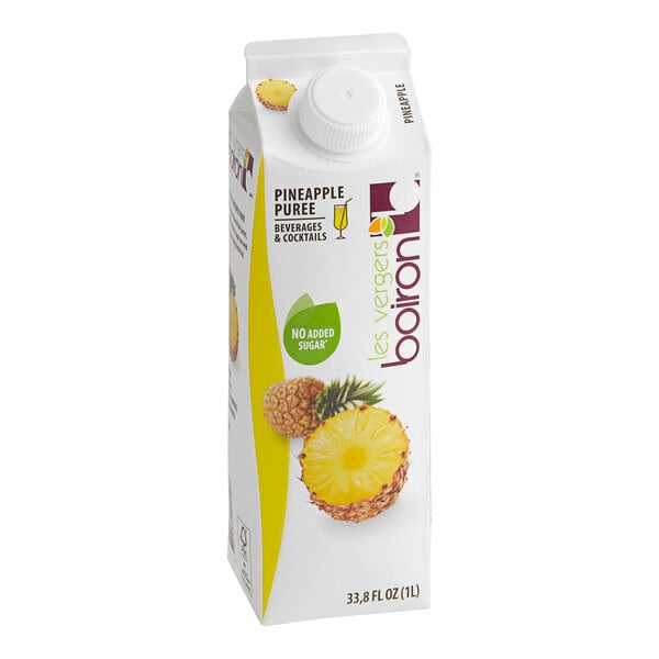A white carton of Les Vergers Boiron Pineapple Puree with a yellow label showing a pineapple.