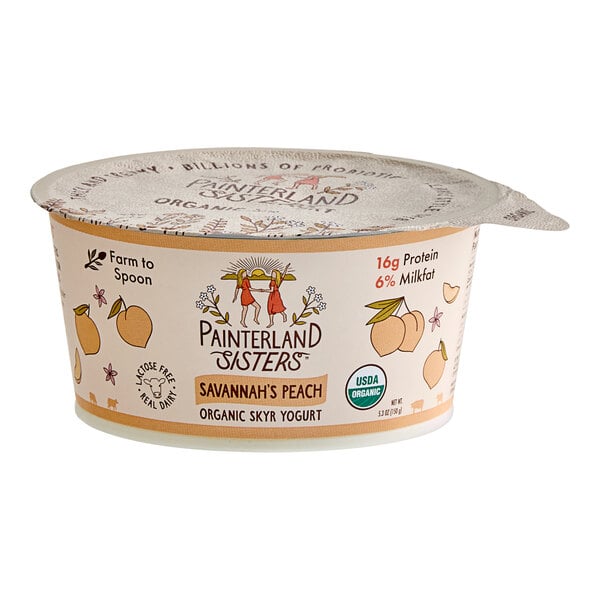A Painterland Sisters Savannah's Peach Organic Skyr yogurt container.