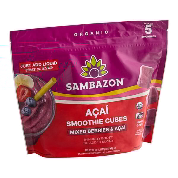 A red and white bag of Sambazon Organic Mixed Berries & Acai Smoothie Cubes.