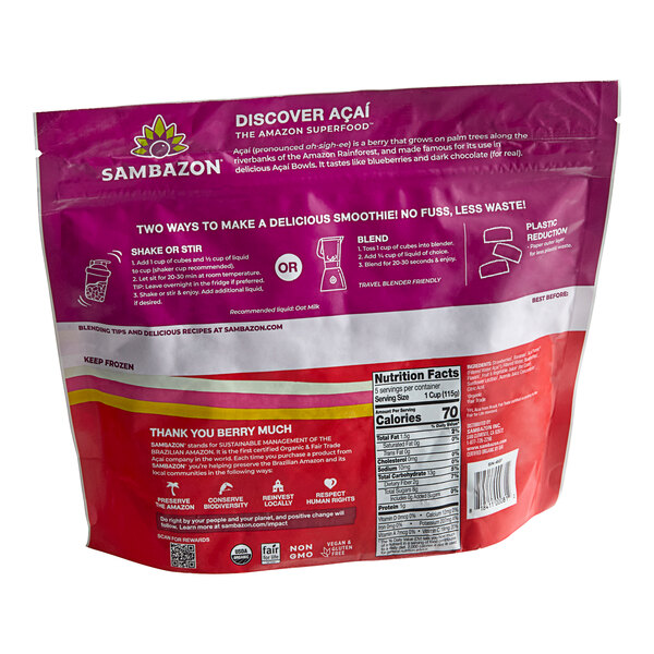 A white and red Sambazon bag of mixed berry and acai smoothie cubes.
