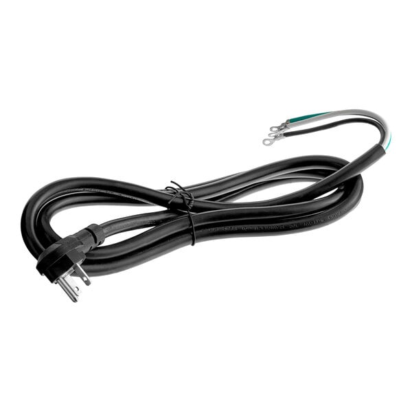 A black power cord with a three-prong plug on one end and ring terminal connectors on the other end.