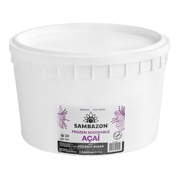 A white bucket of Sambazon Organic Scoopable Acai with a label.