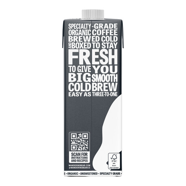 A carton of Wandering Bear Organic Straight Black Cold Brew Coffee with a black and white label.