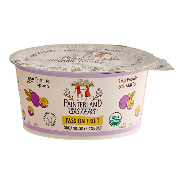 A Painterland Sisters Passion Fruit Organic Skyr Yogurt container.