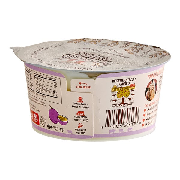 A Painterland Sisters Passion Fruit Organic Skyr Yogurt cup in a package.
