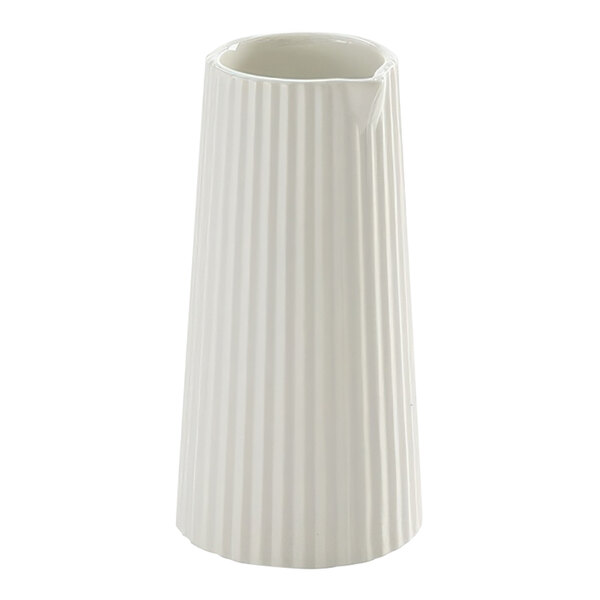 An American Metalcraft white fluted ceramic creamer with a white background.