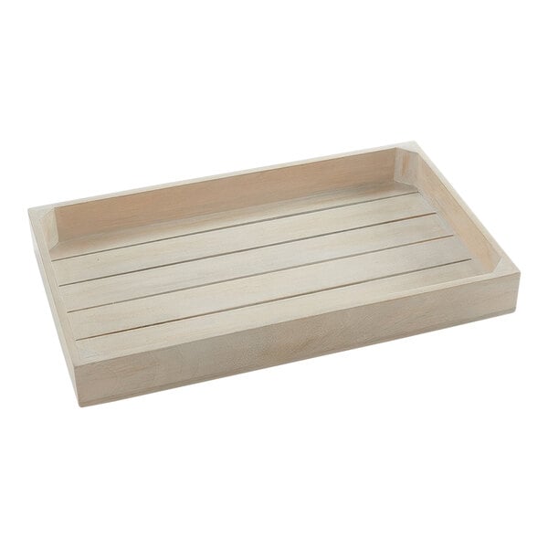 An American Metalcraft sun-bleached mango wood crate on a table.