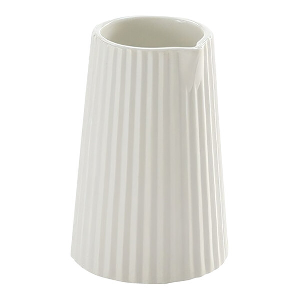 An American Metalcraft white fluted ceramic creamer with thin white stripes.