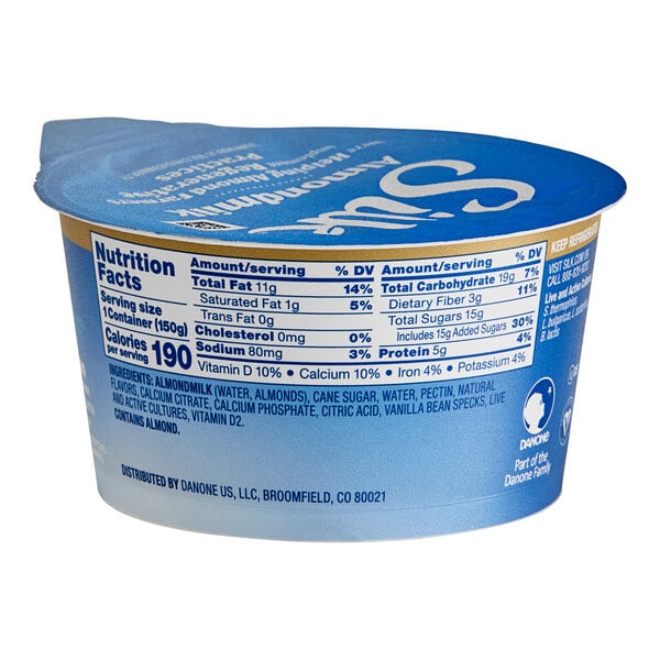 A blue and white Silk Dairy-Free Vanilla Almond Milk Yogurt Alternative container with white text and the nutrition label.