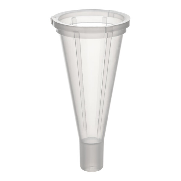 A clear plastic stuffing funnel designed for use with Backyard Pro Butcher Series meat grinders.