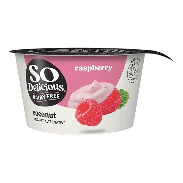 A white and pink So Delicious Dairy-Free Raspberry Coconut Milk Yogurt container.