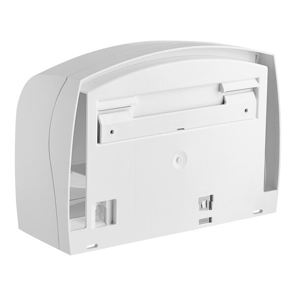 A white plastic rectangular Scott toilet tissue dispenser with a white lid.
