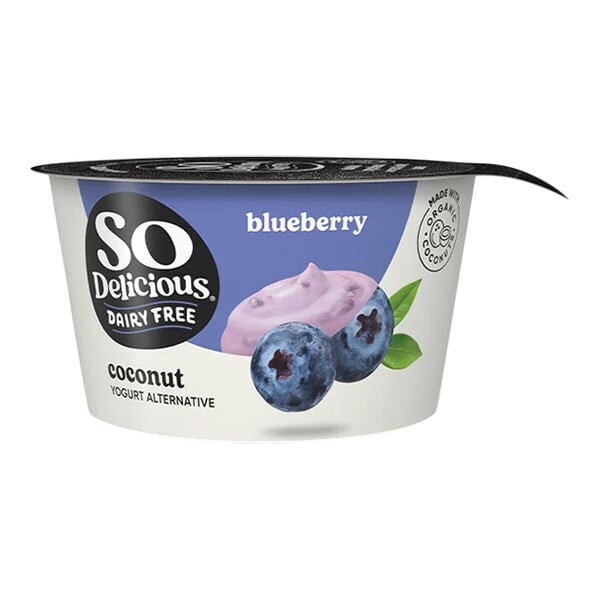 A close up of So Delicious Blueberry Coconut Yogurt Alternative in a container.