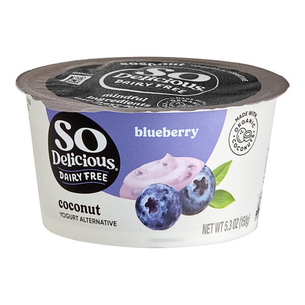 A container of So Delicious Blueberry Coconut Yogurt on a white background.