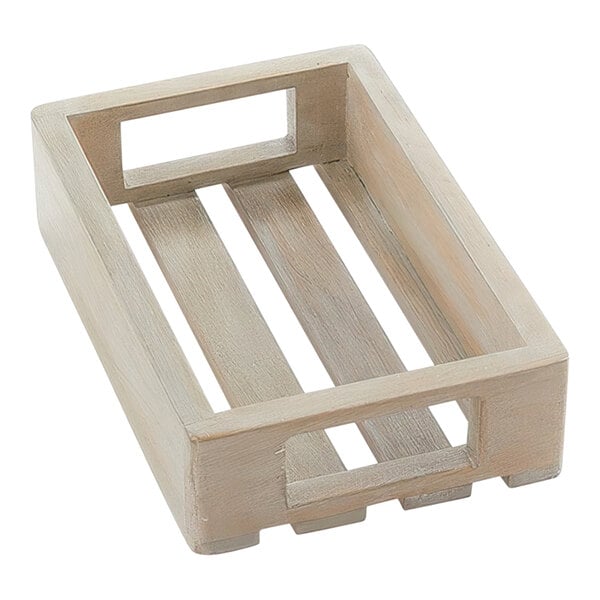 An American Metalcraft sun-bleached mango wood crate with three shelves and two handles.