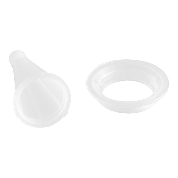 A white plastic 3/8-inch stuffing tube with a flange and funnel set for #12 meat grinders.